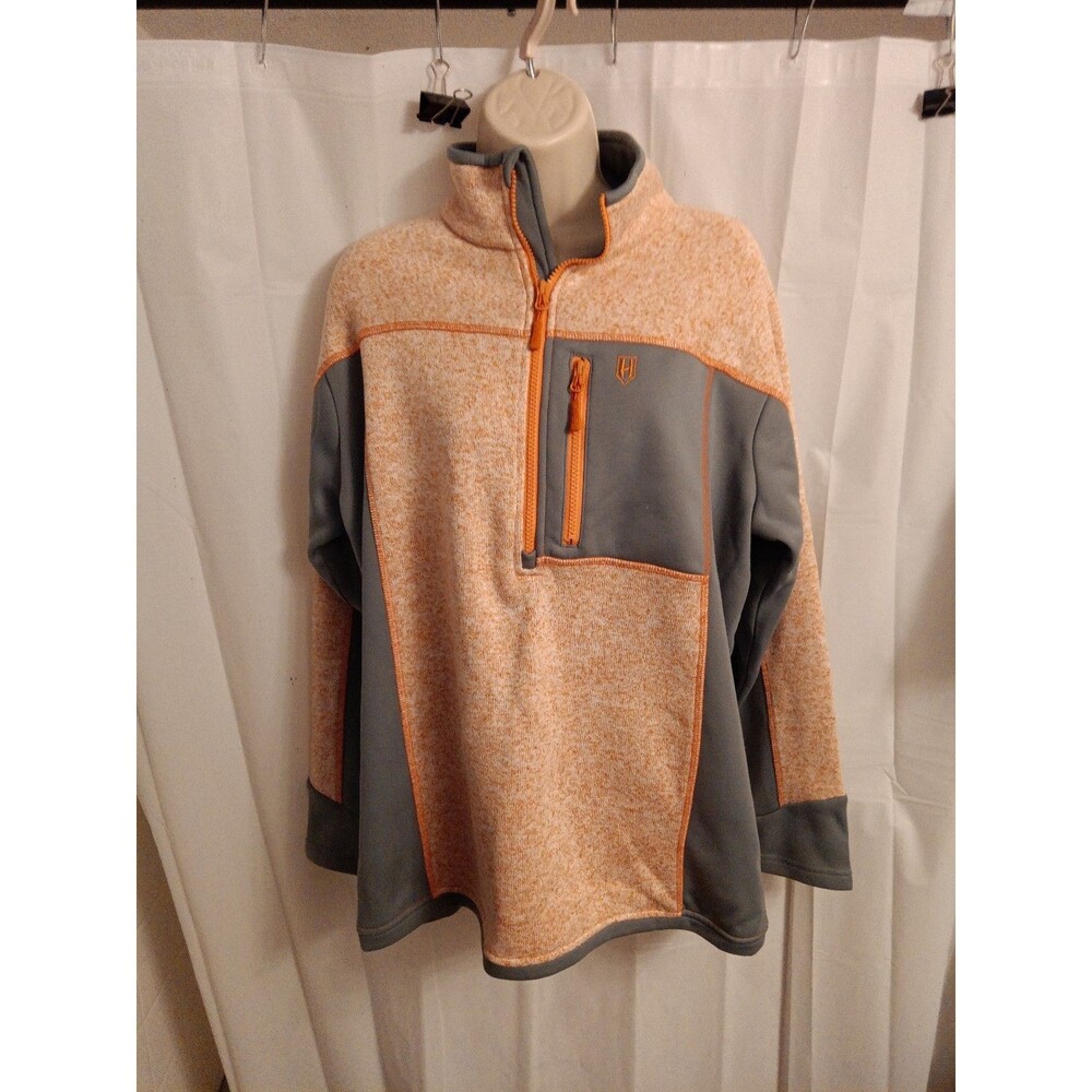 Heybo Cabin 1/4-zip fleece pullover in an orange heather and gray colorblock